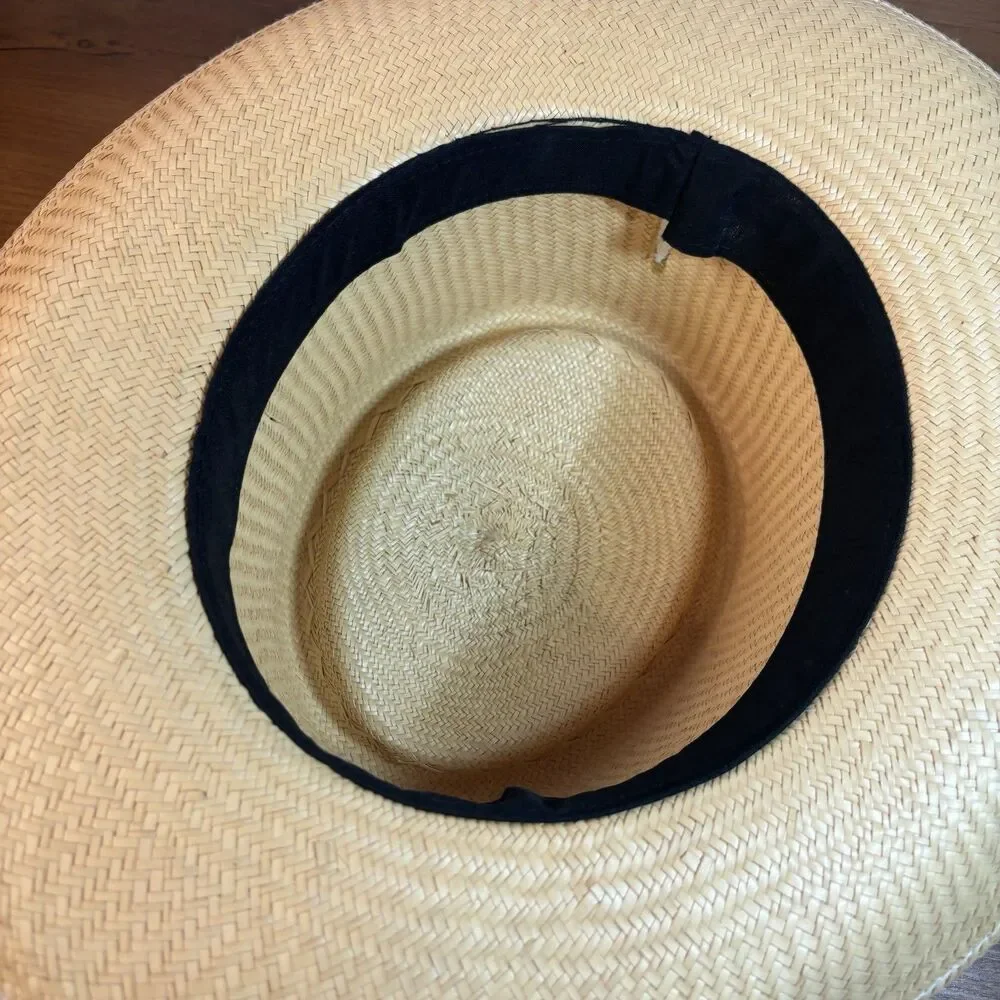 Vintage Straw Fedora Panama Hat Floral Scarf Band Wide Brim Summer Beach